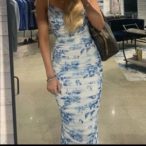 White and blue flower ruched midi dress